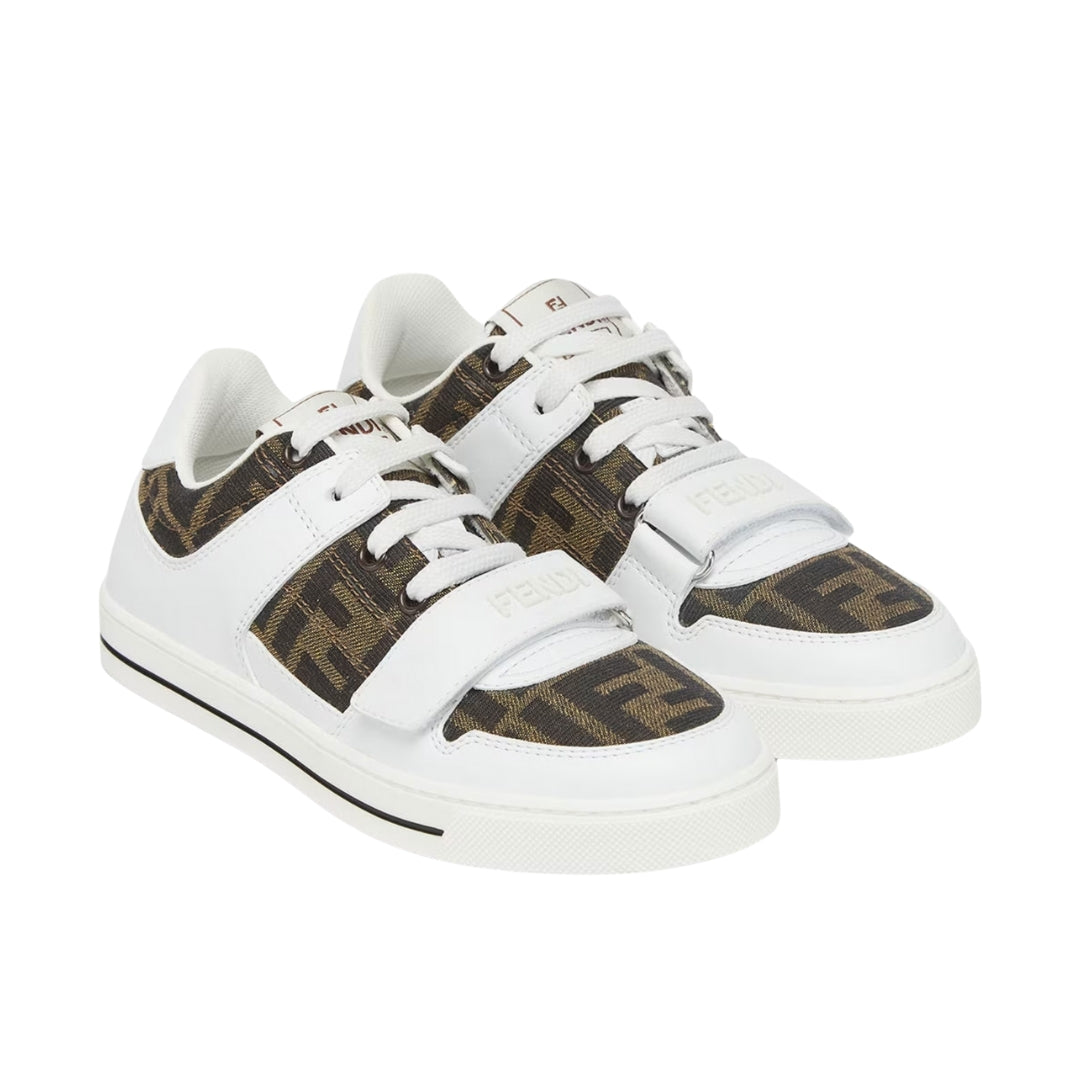 Fendi Kids junior sneakers with tobacco FF logo jacquard fabric and white leather details, featuring a Velcro strap closure, Made in Italy, available at Lestyle Boutique 136 Little Collins St.