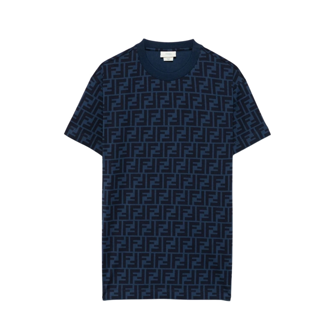 Fendi Kids boys' navy blue cotton T-shirt featuring an all-over tone-on-tone FF logo print, short sleeves, and regular fit, Made in Italy, available at Lestyle Boutique 136 Little Collins St.