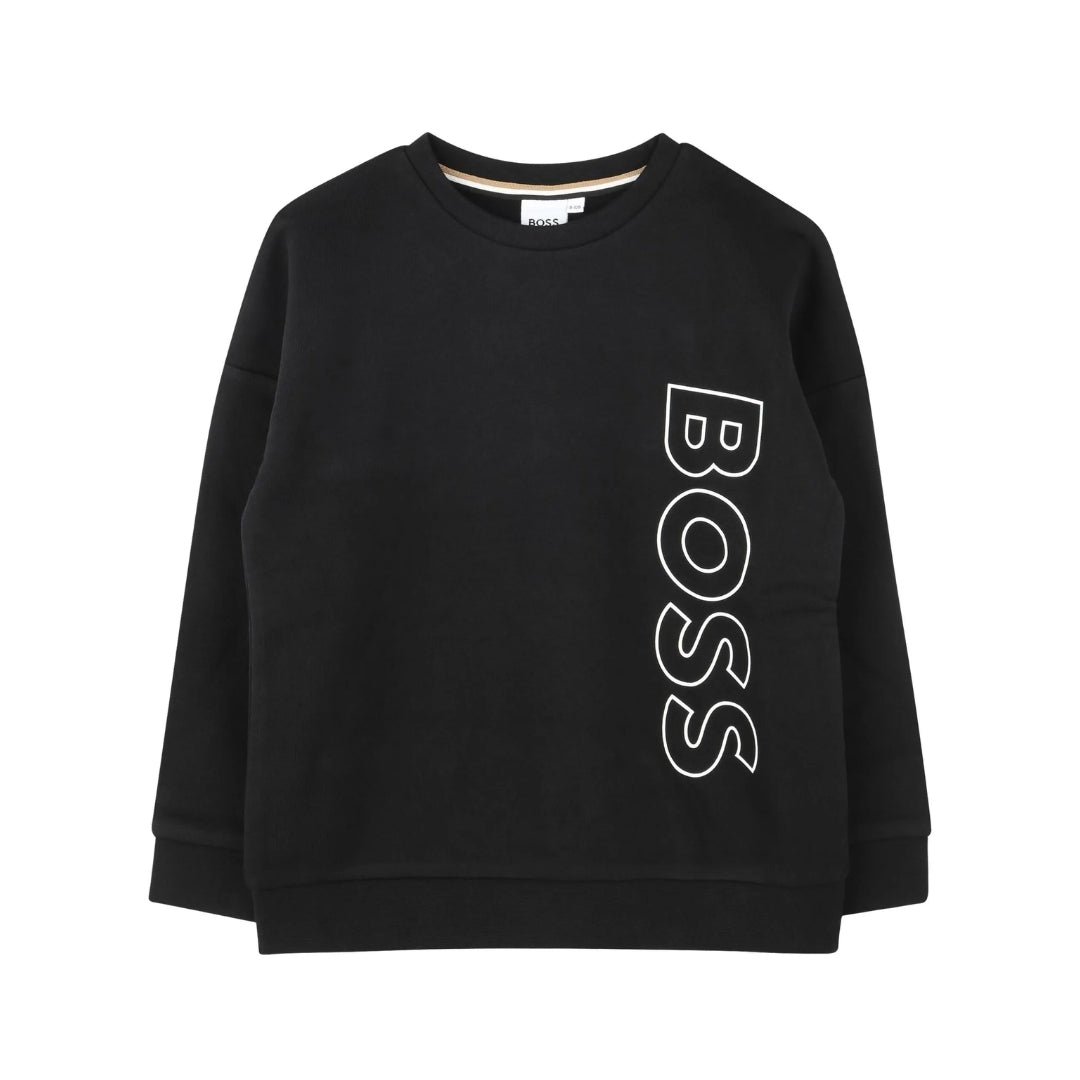 BOSS Kidswear black cotton blend jersey sweatshirt for boys, featuring a white vertical outline logo print to the front, crew neck with striped inner trim, and ribbed cuffs and hem, available at Lestyle Boutique 136 Little Collins St.