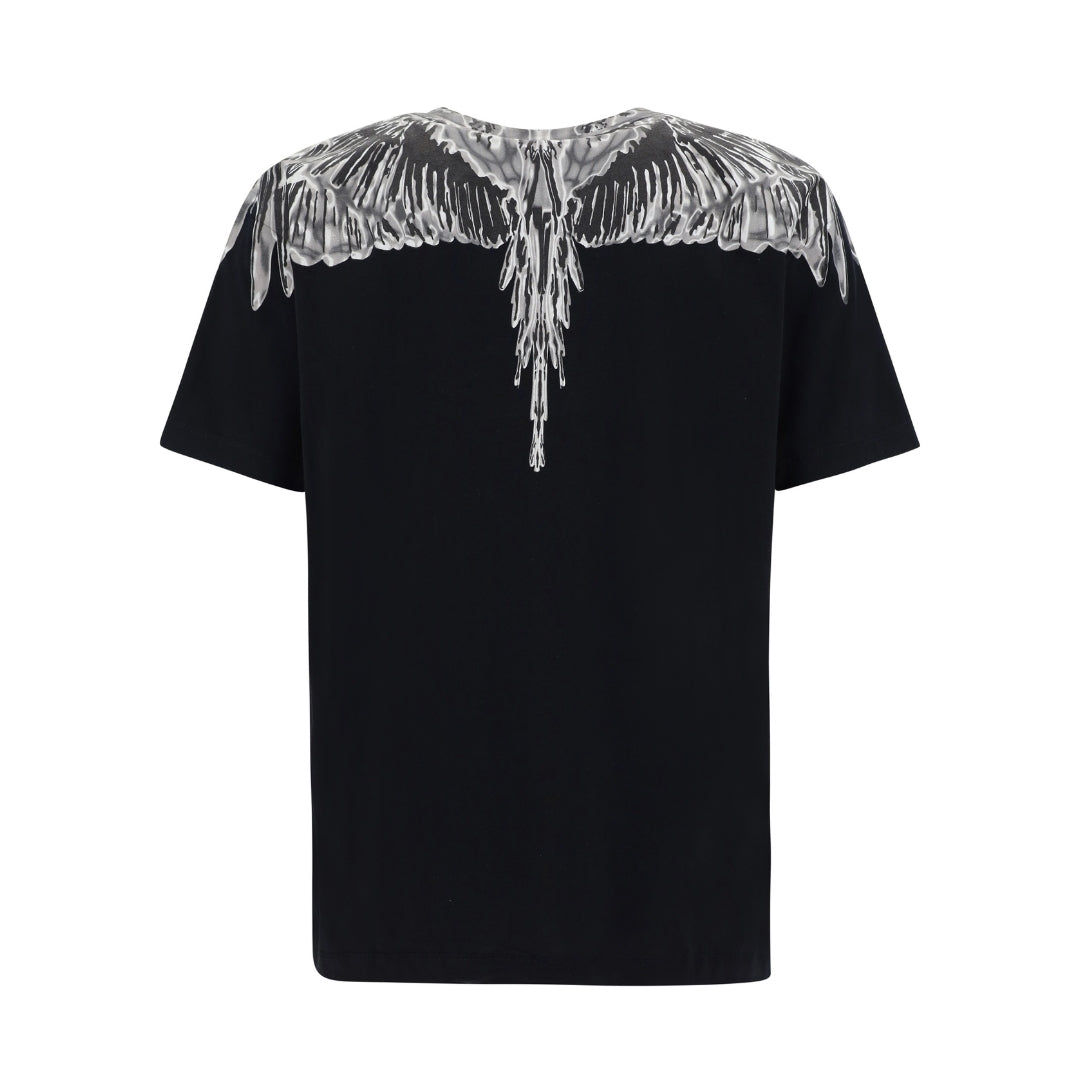 Marcelo Burlon men's black cotton t-shirt with a ribbed crew neck, short sleeves, regular fit, and the signature monochrome Icon Wings print across the shoulders and chest, available at Lestyle Boutique 136 Little Collins St.