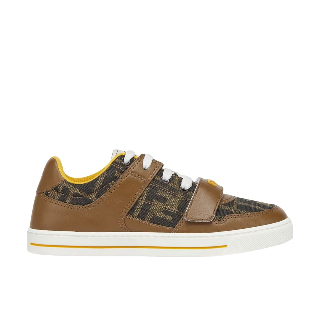 Fendi Kids junior sneakers with tobacco FF logo jacquard fabric and brown leather details, featuring a Velcro strap closure, Made in Italy, available at Lestyle Boutique 136 Little Collins St.