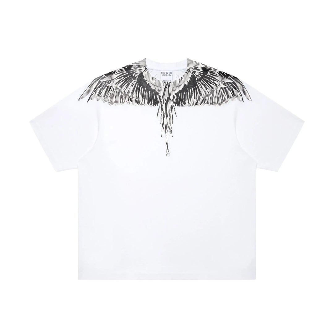 Marcelo Burlon County of Milan men's white cotton jersey t-shirt with a crew neck, short sleeves, and the signature monochrome Icon Wings print in dark grey/black across the shoulders and chest, available at Lestyle Boutique 136 Little Collins St.