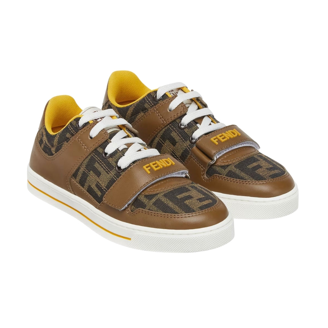 Fendi Kids junior sneakers with tobacco FF logo jacquard fabric and brown leather details, featuring a Velcro strap closure, Made in Italy, available at Lestyle Boutique 136 Little Collins St.