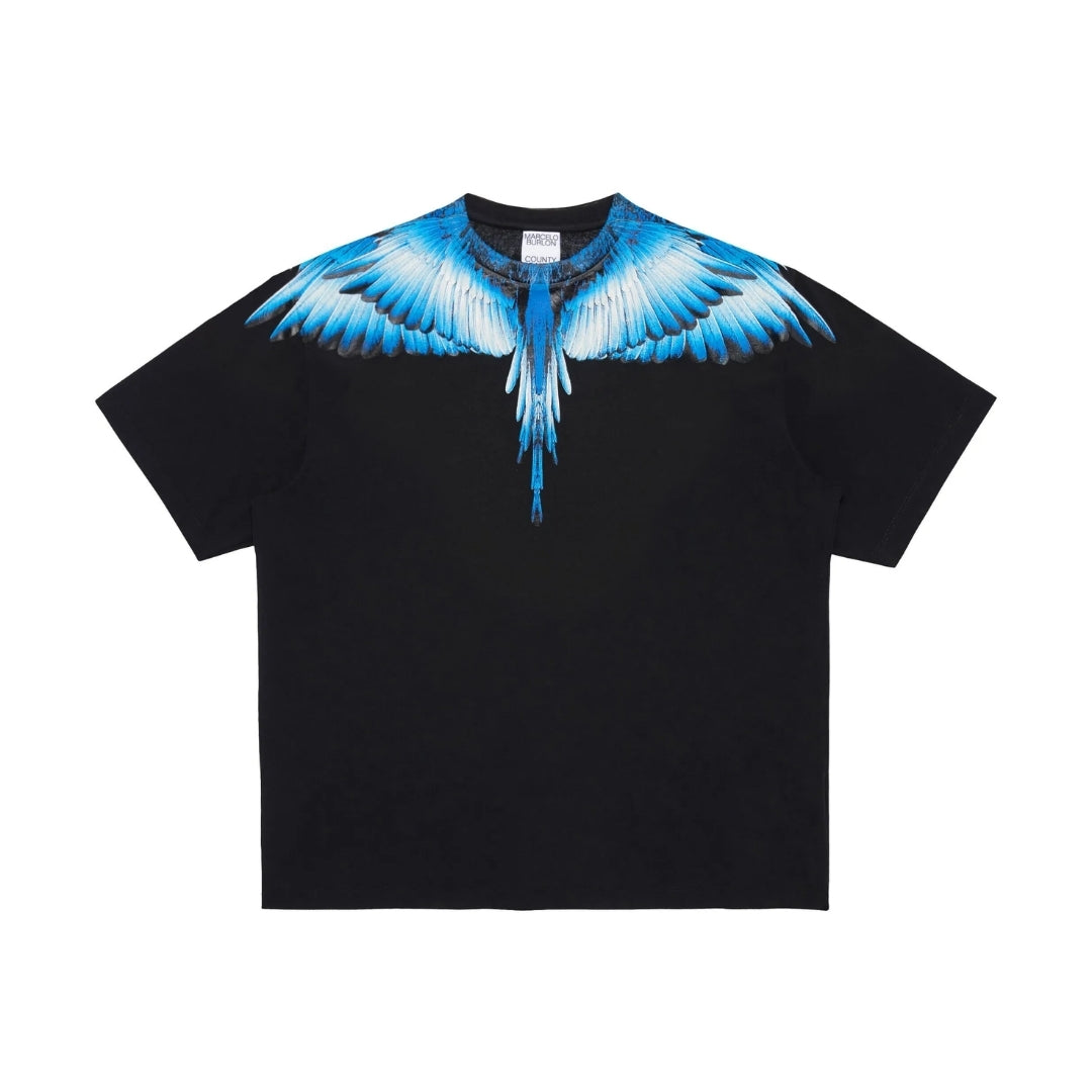 Marcelo Burlon County of Milan black t-shirt with a crew neck, short sleeves, and the signature Wings print in shades of blue across the shoulders and chest, available at Lestyle Boutique 136 Little Collins St.