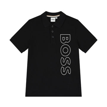 BOSS boys black polo shirt featuring a large white outline vertical logo print on the front, polo collar, and short sleeves, available at Lestyle Boutique 136 Little Collins St.
