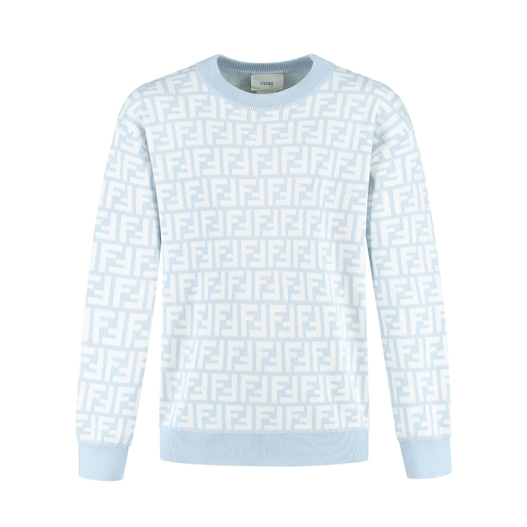Fendi Kids baby blue pique knit sweater in a viscose-cotton blend, featuring a tone-on-tone all-over FF logo pattern and ribbed trims, Made in Italy, available at Lestyle Boutique 136 Little Collins St.
