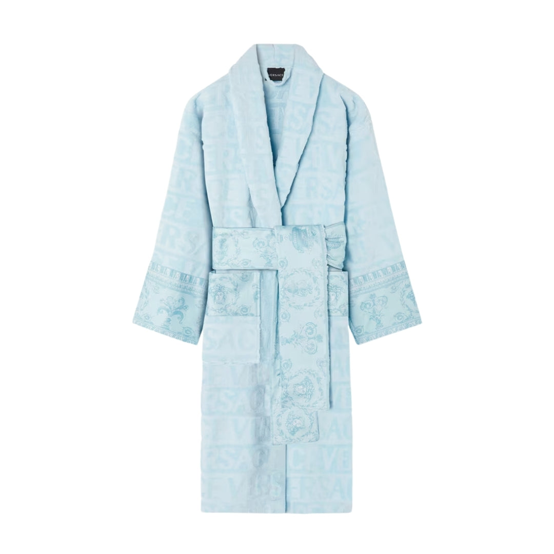 Versace I ♡ Baroque bathrobe in light blue with tonal Allover logo and Barocco print accents, made from soft cotton terry. Shop luxury robes now at Lestyle Boutique Melbourne.