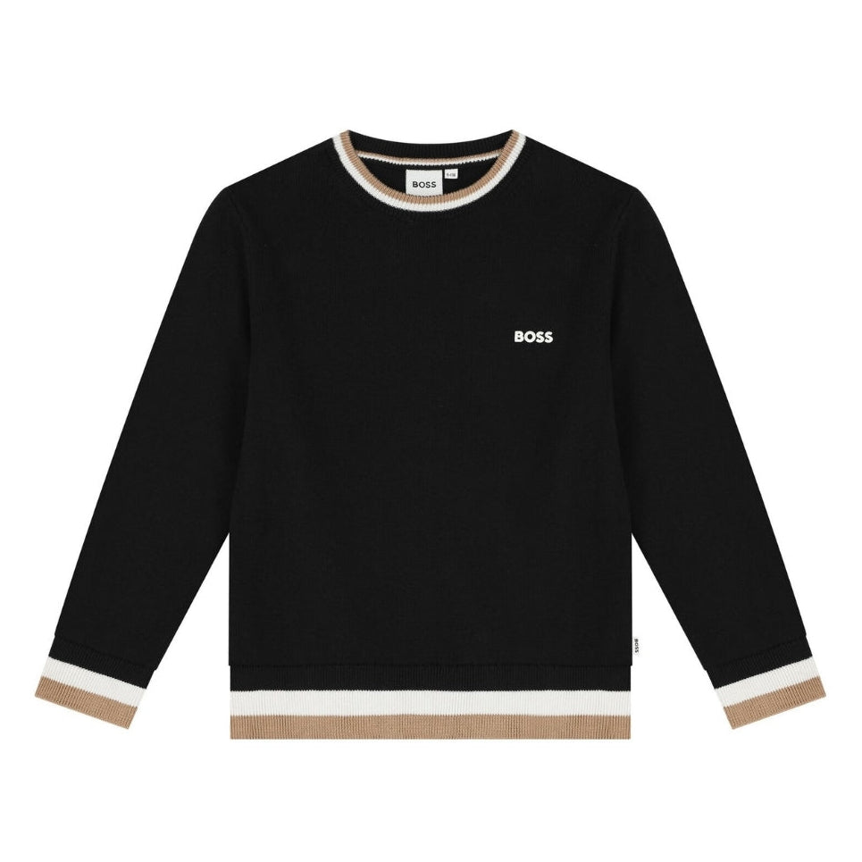 BOSS boys black knitted jumper in a soft cotton and wool blend, featuring a white rubberized logo on the chest and beige, black, and white striped trim on the cuffs, hem, and neckline, available at Lestyle Boutique 136 Little Collins St.