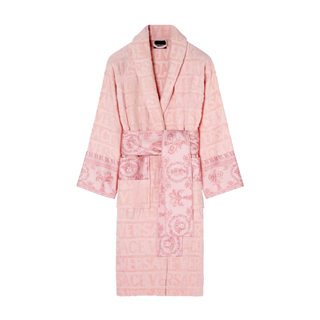 Versace I ♡ Baroque bathrobe in pink with tonal Allover logo and Barocco print belt and sleeve cuffs, crafted in soft cotton terry. Shop now at Lestyle Boutique Melbourne.