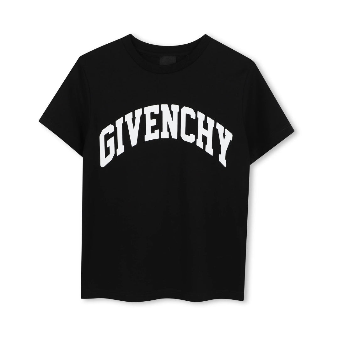 Givenchy black t-shirt featuring a large white arched 'GIVENCHY' logo printed on the chest, crew neck, and short sleeves, available at Lestyle Boutique 136 Little Collins St.