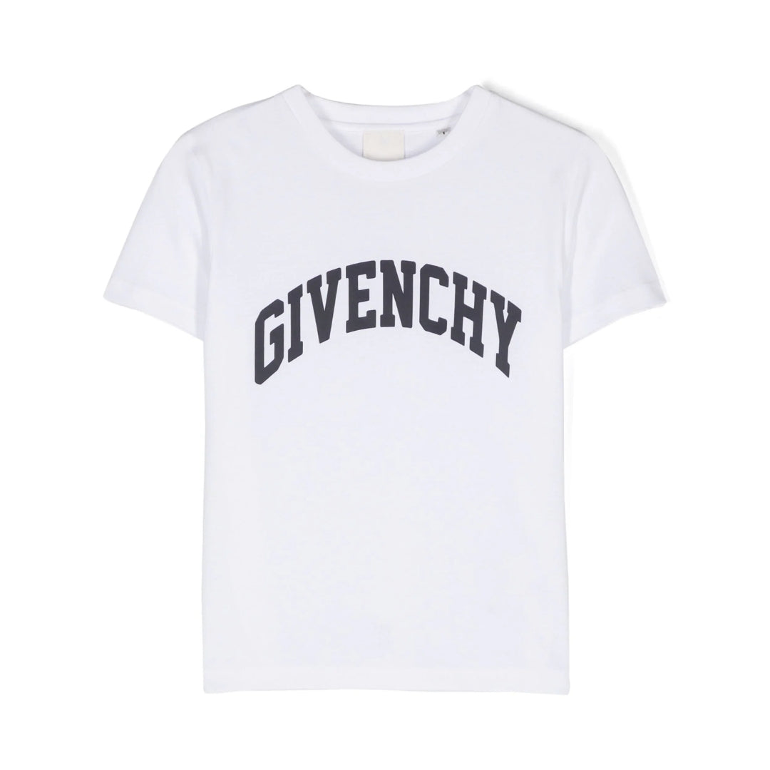 Givenchy Kids white 100% cotton college t-shirt featuring a dark arched 'GIVENCHY' logo print on the front, ribbed crew neck, short sleeves, and a signature 4G motif print on the rear, made in Tunisia, available at Lestyle Boutique 136 Little Collins St.