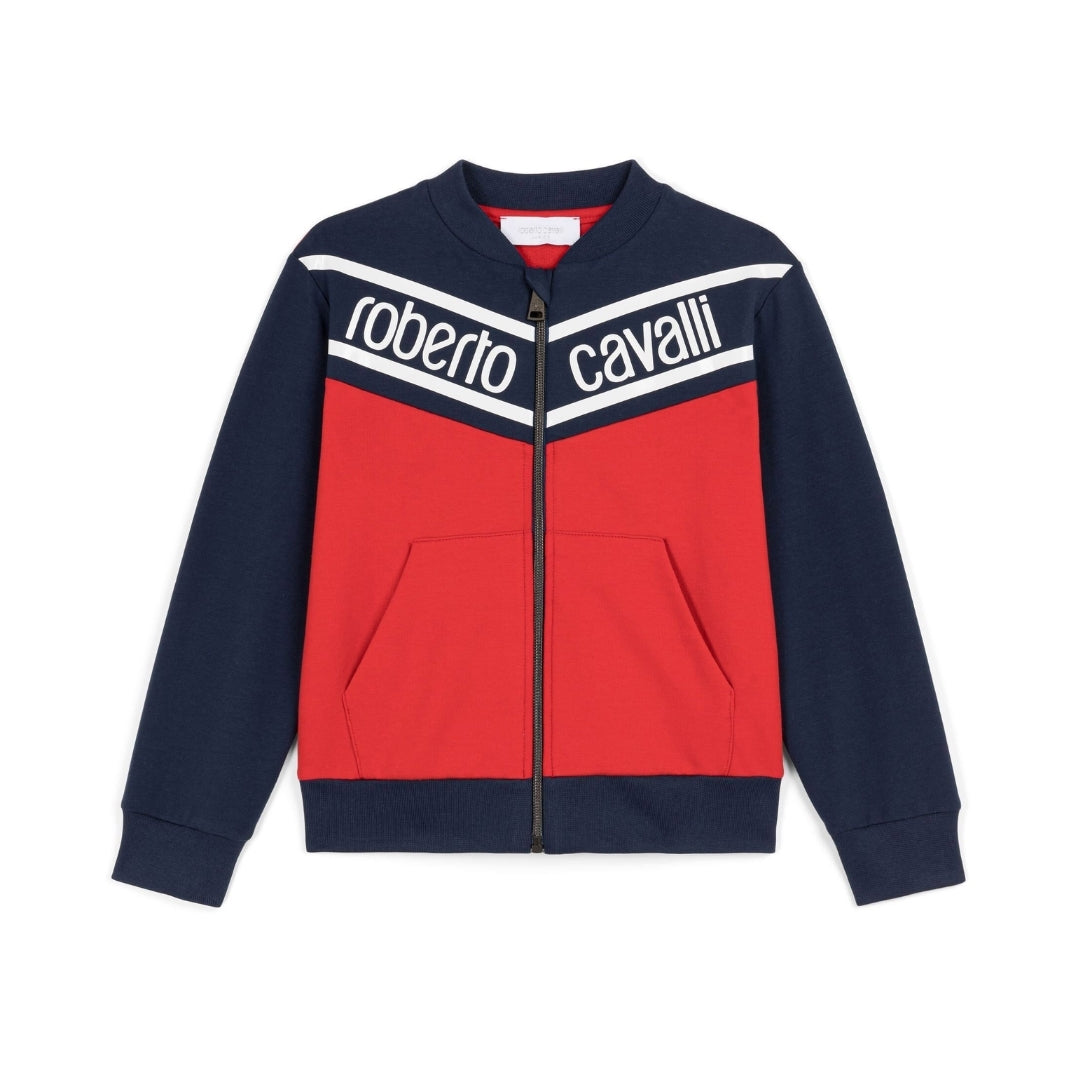 Roberto Cavalli zip-front sweatshirt featuring a red body, navy blue sleeves and ribbed trims, white chest panels with logo print, slip pockets, and round collar, made in Italy, available at Lestyle Boutique 136 Little Collins St.