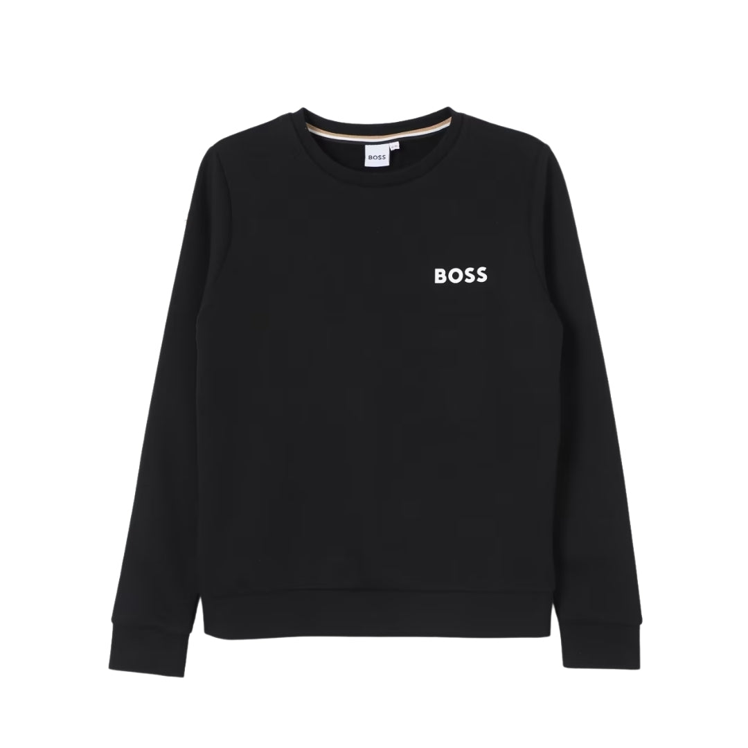 BOSS Kidswear black sweatshirt featuring a white logo print on the chest, crew neck with striped inner trim, and long sleeves, available at Lestyle Boutique 136 Little Collins St.