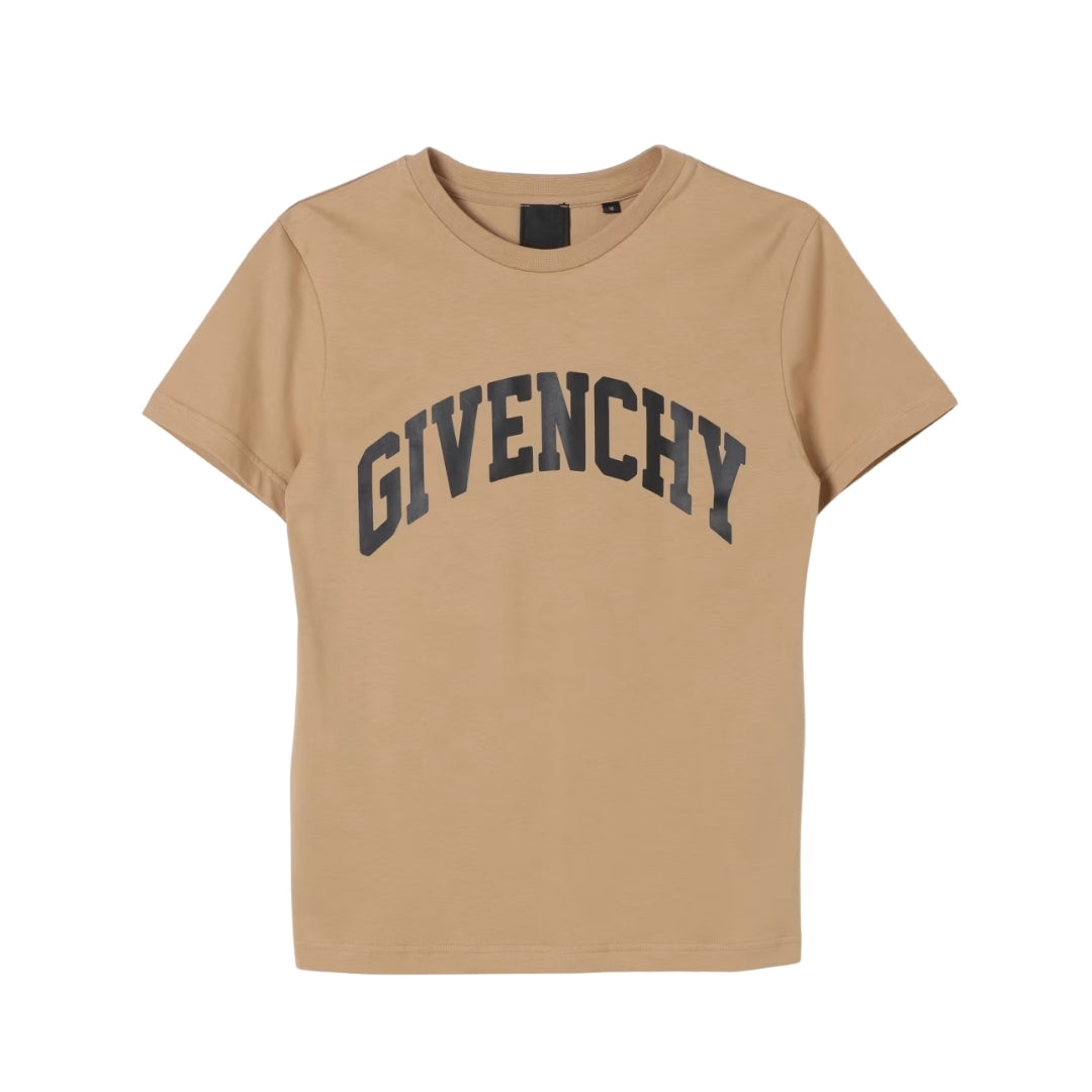Givenchy Kids beige cotton t-shirt from the Fall Winter 2024 collection, featuring a dark arched 'GIVENCHY' logo print on the front, crew neck, and short sleeves, made in Tunisia, available at Lestyle Boutique 136 Little Collins St.