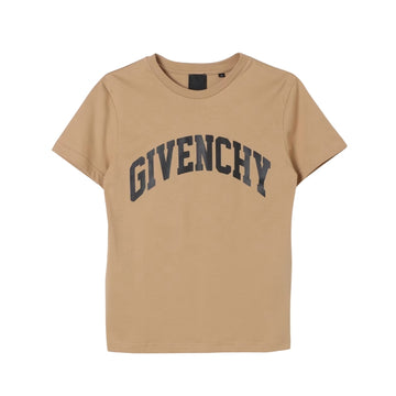 Givenchy Kids beige cotton t-shirt from the Fall Winter 2024 collection, featuring a dark arched 'GIVENCHY' logo print on the front, crew neck, and short sleeves, made in Tunisia, available at Lestyle Boutique 136 Little Collins St.
