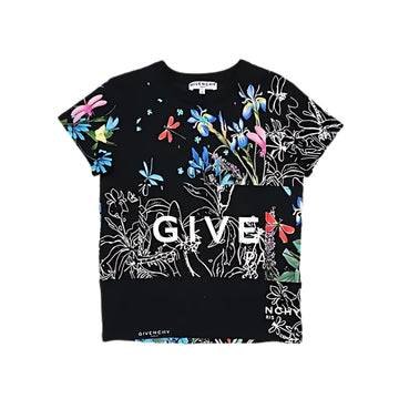 Givenchy black t-shirt with a crew neck and short sleeves, featuring a mixed multi-color floral, white sketch floral, and bold white logo print across the front, available at Lestyle Boutique 136 Little Collins St.
