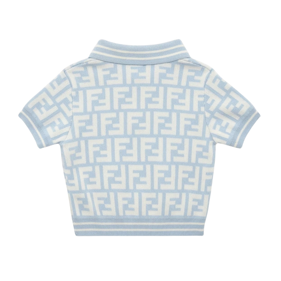 Fendi Kids light blue cotton jersey baby polo shirt featuring an all-over FF logo print, short sleeves, and polo collar with tipping, Made in Italy, available at Lestyle Boutique 136 Little Collins St.