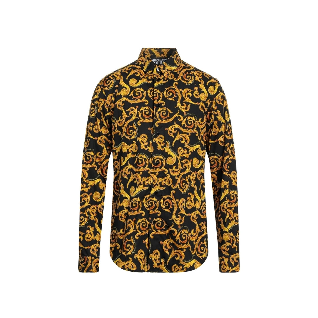 Versace Jeans Couture men's regular-fit black cotton shirt featuring an all-over gold baroque print, classic collar, long sleeves with snap-fastening cuffs, and button front fastening, available at Lestyle Boutique 136 Little Collins St.