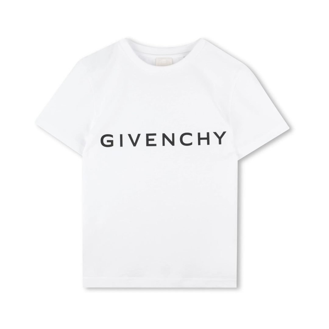 Givenchy white t-shirt featuring a dark 'GIVENCHY' logo printed on the chest, crew neck, and short sleeves, available at Lestyle Boutique 136 Little Collins St.