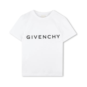 Givenchy white t-shirt featuring a dark 'GIVENCHY' logo printed on the chest, crew neck, and short sleeves, available at Lestyle Boutique 136 Little Collins St.