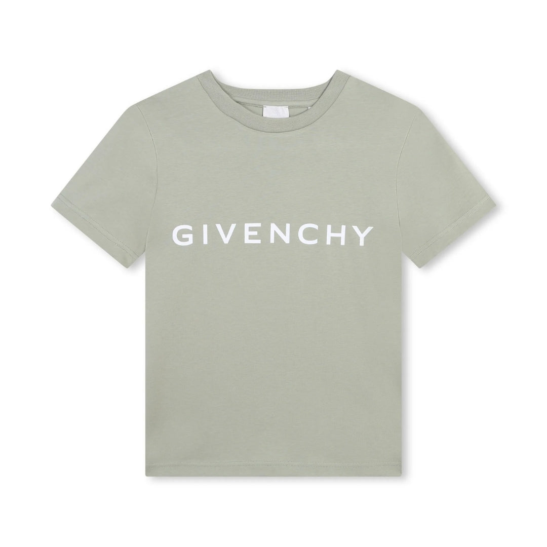 Givenchy Kids desert sage green organic-cotton T-shirt featuring a white 'GIVENCHY' logo print at the chest, crew neck, and short sleeves, available at Lestyle Boutique 136 Little Collins St.