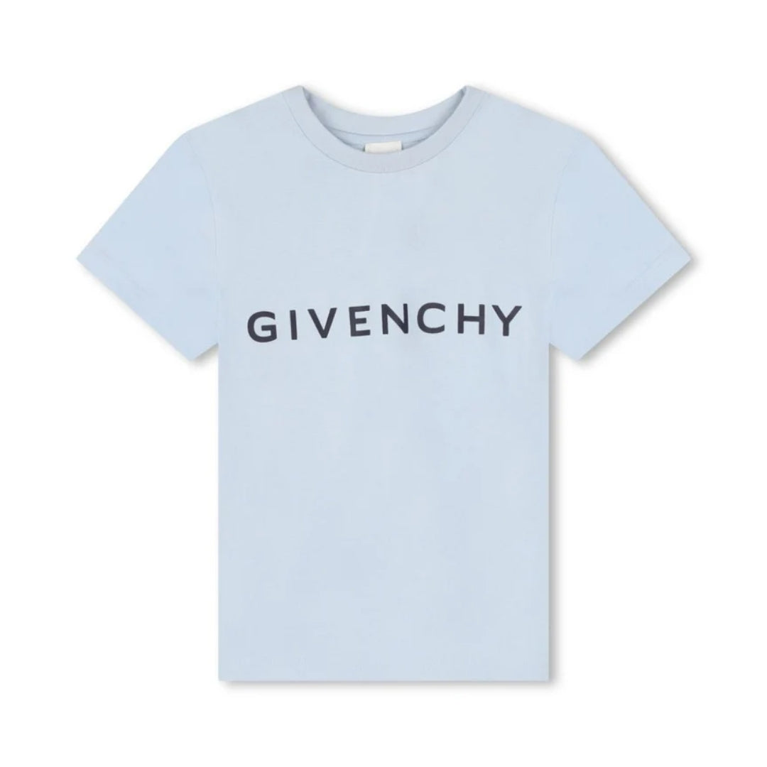 Givenchy light blue t-shirt featuring a dark 'GIVENCHY' logo printed on the chest, crew neck, and short sleeves, available at Lestyle Boutique 136 Little Collins St.