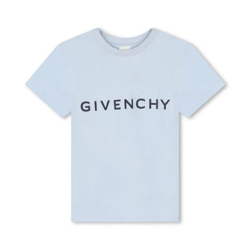 Givenchy light blue t-shirt featuring a dark 'GIVENCHY' logo printed on the chest, crew neck, and short sleeves, available at Lestyle Boutique 136 Little Collins St.
