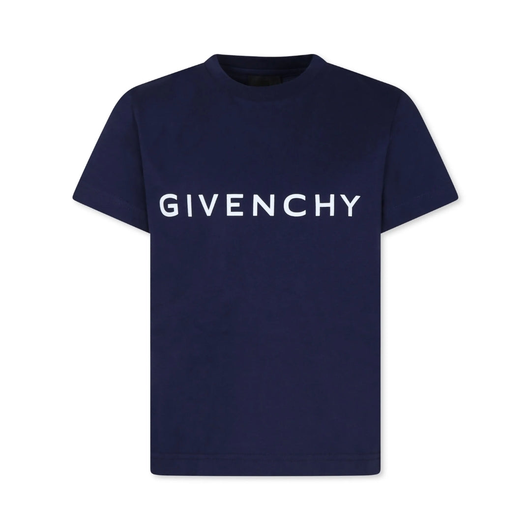 Givenchy Kids navy blue organic-cotton T-shirt featuring a white 'GIVENCHY' logo print at the chest, a signature 4G motif on the back, crew neck, and short sleeves, available at Lestyle Boutique 136 Little Collins St.