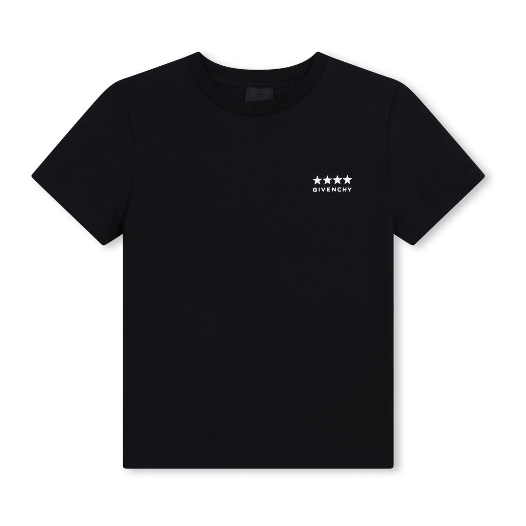 Givenchy black 100% cotton standard short sleeve base tee with a white 'GIVENCHY' and four-star logo on the chest, and front and back graphic detail, made in Portugal, available at Lestyle Boutique 136 Little Collins St.