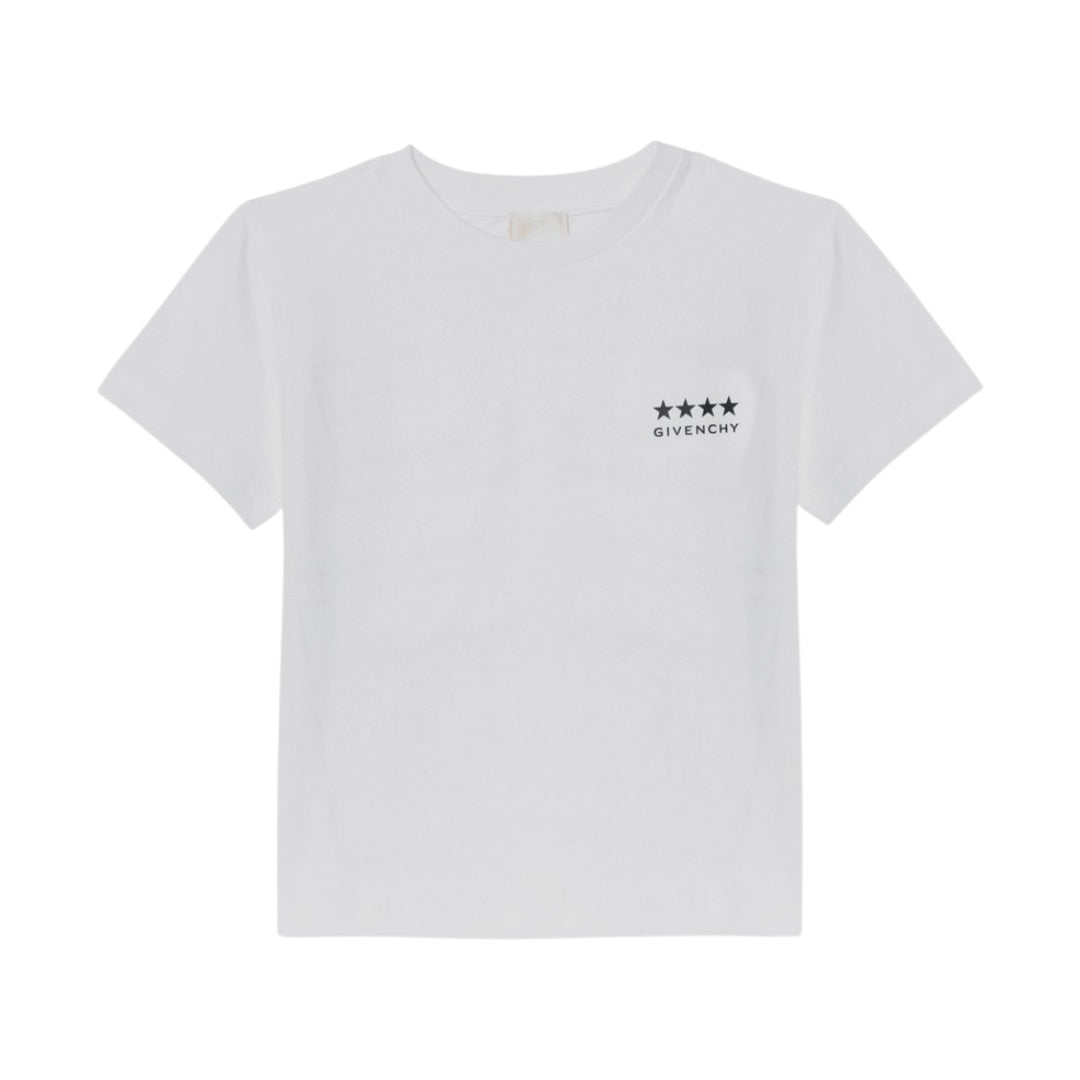 Givenchy white t-shirt featuring a dark 'GIVENCHY' and four-star logo on the front left chest and a large dark geometric 4G graphic print on the back, available at Lestyle Boutique 136 Little Collins St.