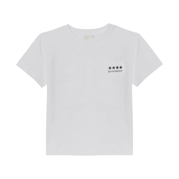 Givenchy white t-shirt featuring a dark 'GIVENCHY' and four-star logo on the front left chest and a large dark geometric 4G graphic print on the back, available at Lestyle Boutique 136 Little Collins St.