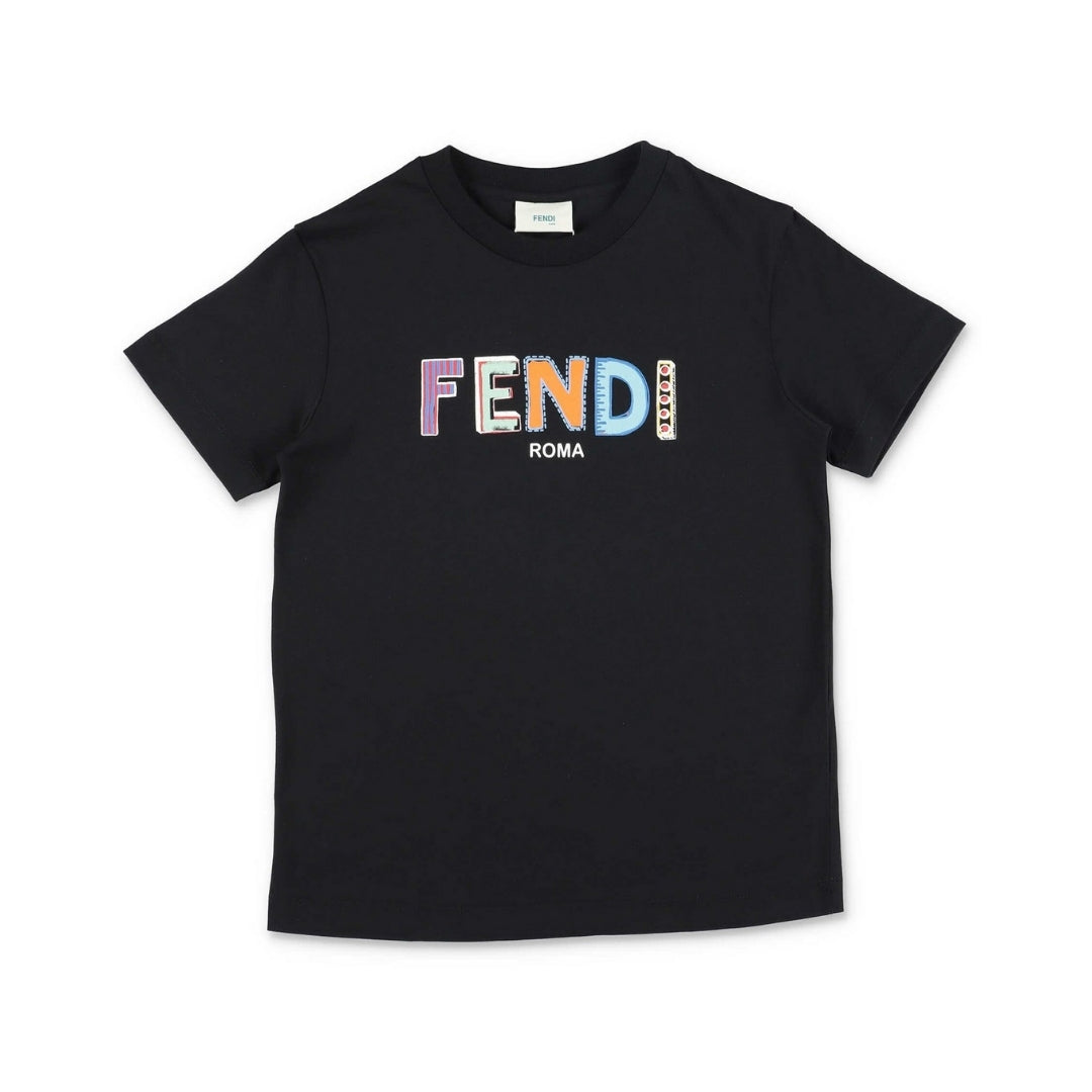 Fendi girls' black cotton jersey t-shirt with crew neck and short sleeves, featuring a multi-color Fendi Roma logo print on the chest, available at Lestyle Boutique 136 Little Collins St.