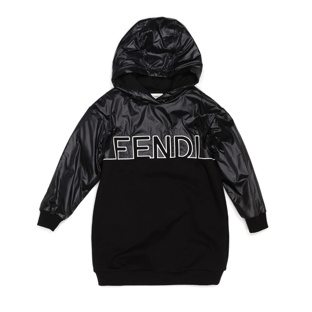 Fendi Kids black mixed material hooded dress featuring a shiny nylon upper and hood, cotton lower body and lining, long sleeves, and a white Fendi logo print across the chest, available at Lestyle Boutique 136 Little Collins St.