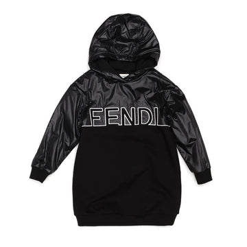 Fendi Kids black mixed material hooded dress featuring a shiny nylon upper and hood, cotton lower body and lining, long sleeves, and a white Fendi logo print across the chest, available at Lestyle Boutique 136 Little Collins St.