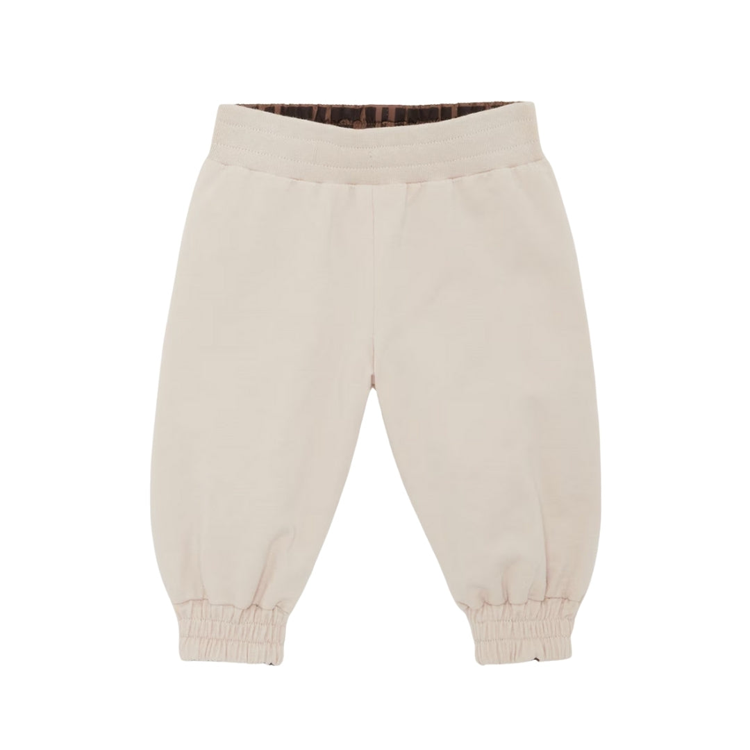 Fendi Kids reversible baby jogger pants, beige cotton-blend jersey with embroidery one side, brown FF logo nylon other side, Made in Italy, available at Lestyle Boutique 136 Little Collins St.