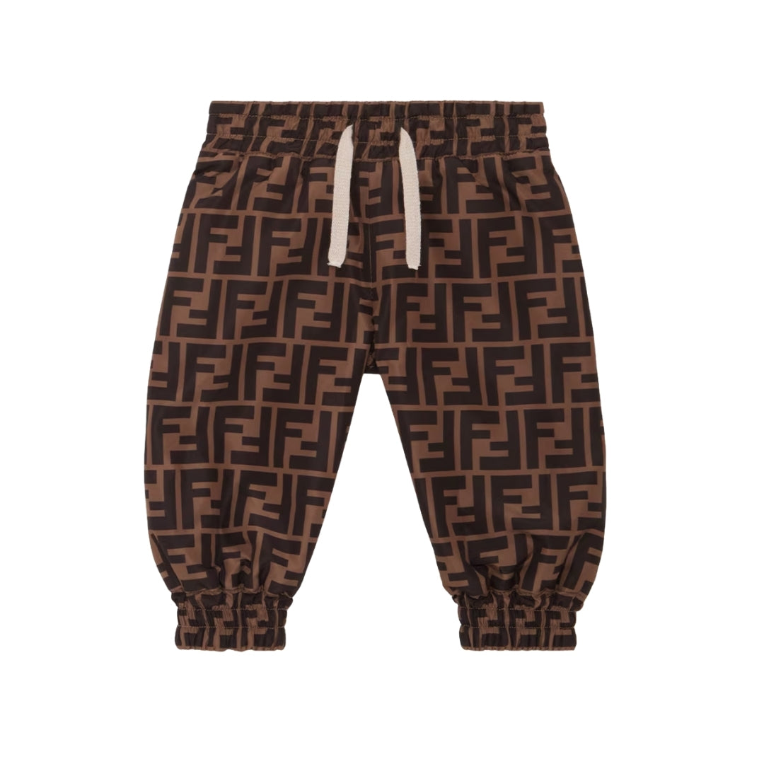 Fendi Kids reversible baby jogger pants, beige cotton-blend jersey with embroidery one side, brown FF logo nylon other side, Made in Italy, available at Lestyle Boutique 136 Little Collins St.