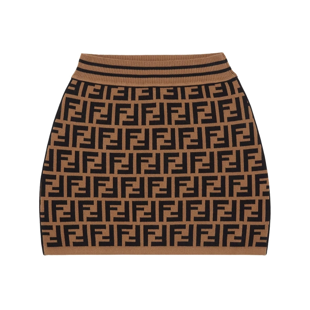 Fendi Kids junior knitted skirt in a viscose blend featuring the all-over tobacco FF motif and ribbed trims, available at Lestyle Boutique 136 Little Collins St.