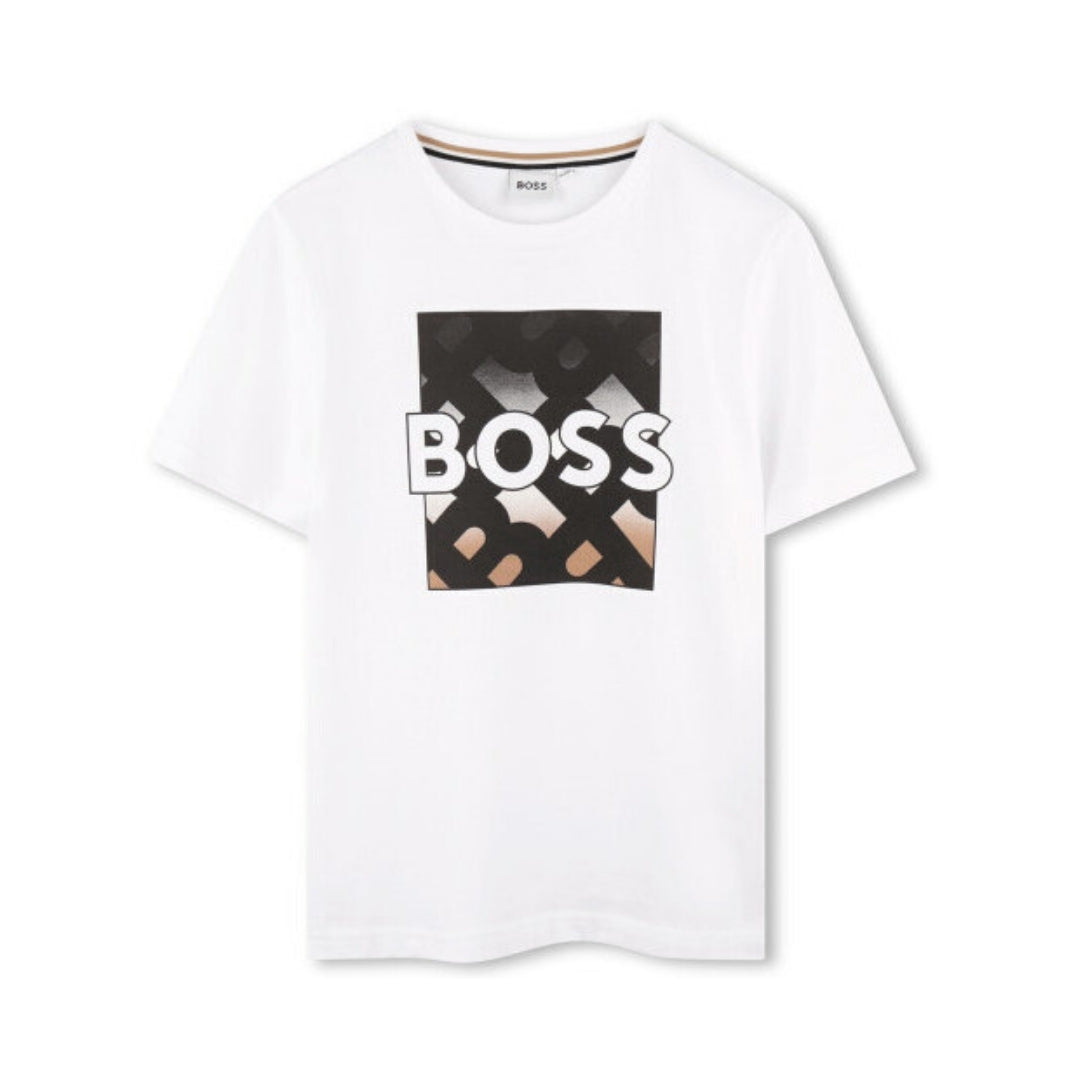 BOSS junior white cotton blend t-shirt featuring a square 'Boss' logo print in dégradé black and camel, round neck, and short sleeves, available at Lestyle Boutique 136 Little Collins St.
