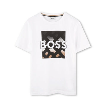 BOSS junior white cotton blend t-shirt featuring a square 'Boss' logo print in dégradé black and camel, round neck, and short sleeves, available at Lestyle Boutique 136 Little Collins St.