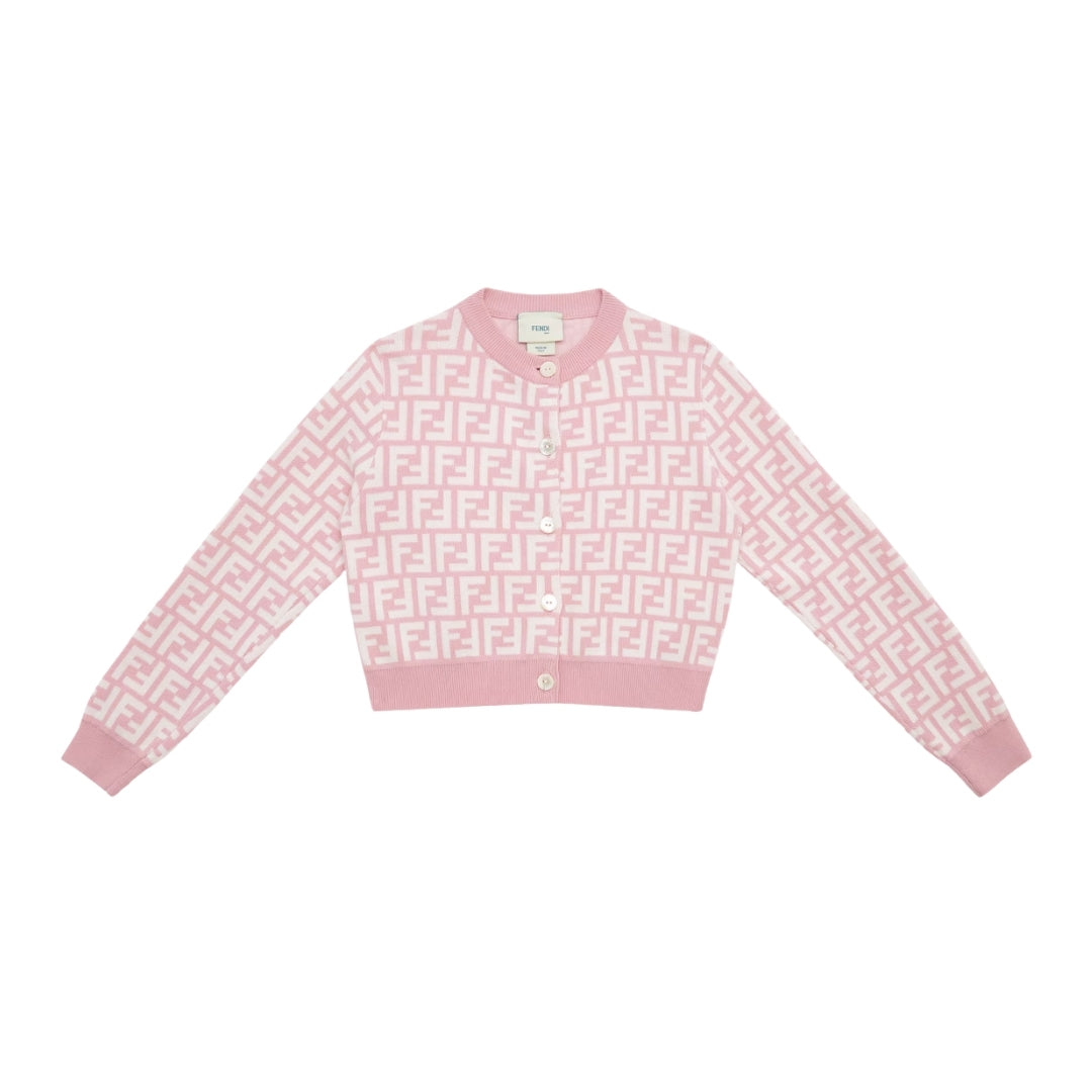 Fendi Kids junior pink cotton jersey cardigan featuring an all-over FF logo print, long sleeves, front button closure, and ribbed trims, Made in Italy, available at Lestyle Boutique 136 Little Collins St.