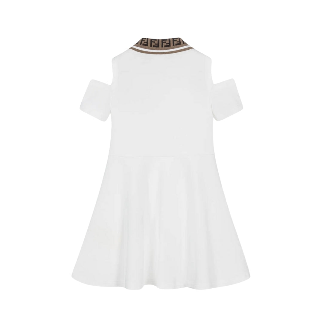 Fendi Kids white cotton polo dress for girls featuring an FF logo collar, short sleeves, and a Fendi crest logo patch on the chest, available at Lestyle Boutique 136 Little Collins St.