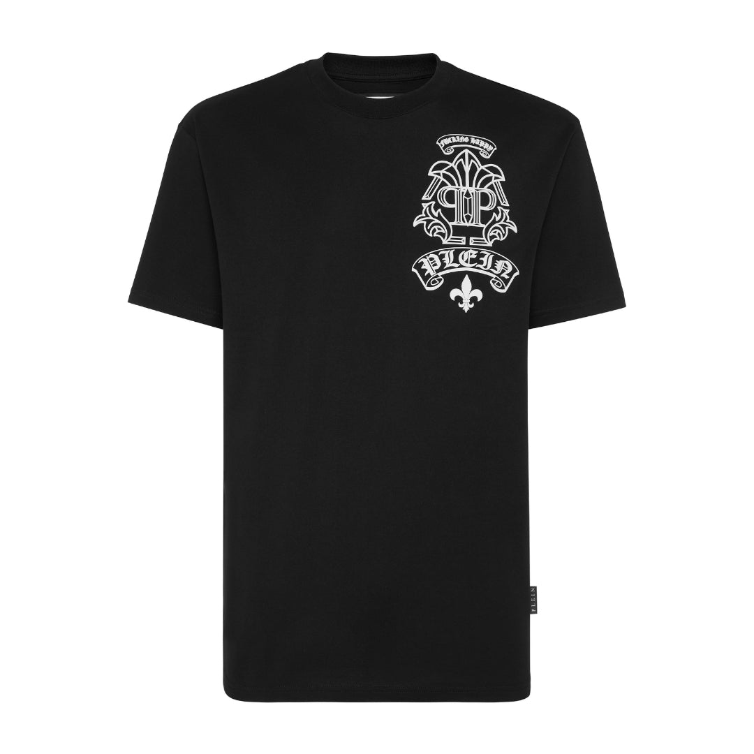 Philipp Plein black cotton jersey t-shirt with a round neck, short sleeves, tattoo-style pattern print at the left chest, and a logoed patch on the yoke, available at Lestyle Boutique 136 Little Collins St.