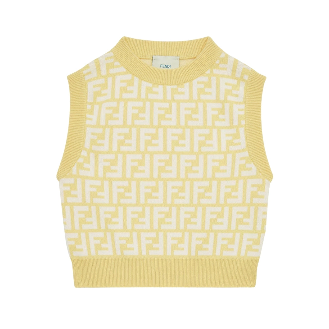 Fendi Kids junior yellow cotton jersey top featuring the all-over FF motif in yellow and white, short sleeves, and ribbed trims, available at Lestyle Boutique 136 Little Collins St.