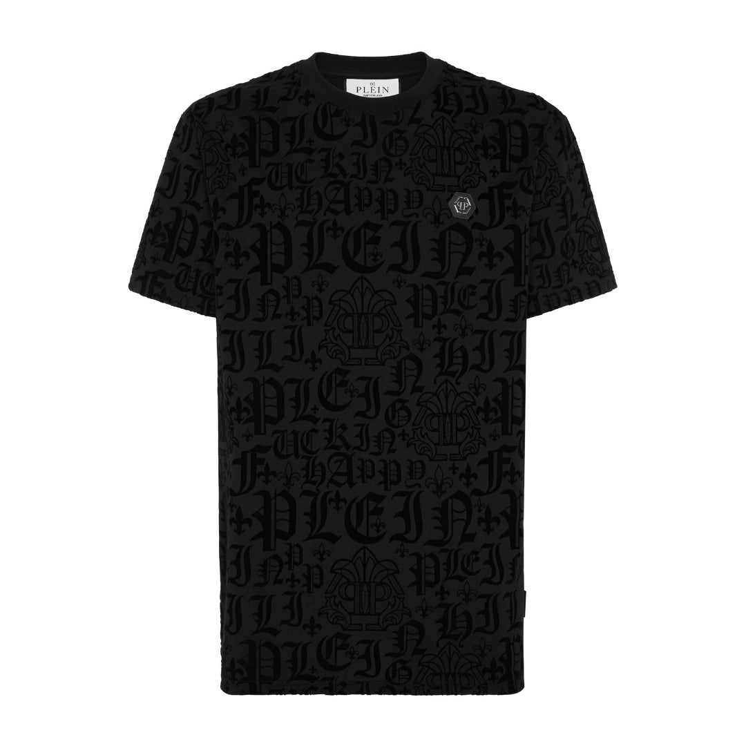 Philipp Plein black cotton jersey t-shirt with a round neck, short sleeves, an all-over tonal flocked Gothic pattern, and a logoed patch, available at Lestyle Boutique 136 Little Collins St.