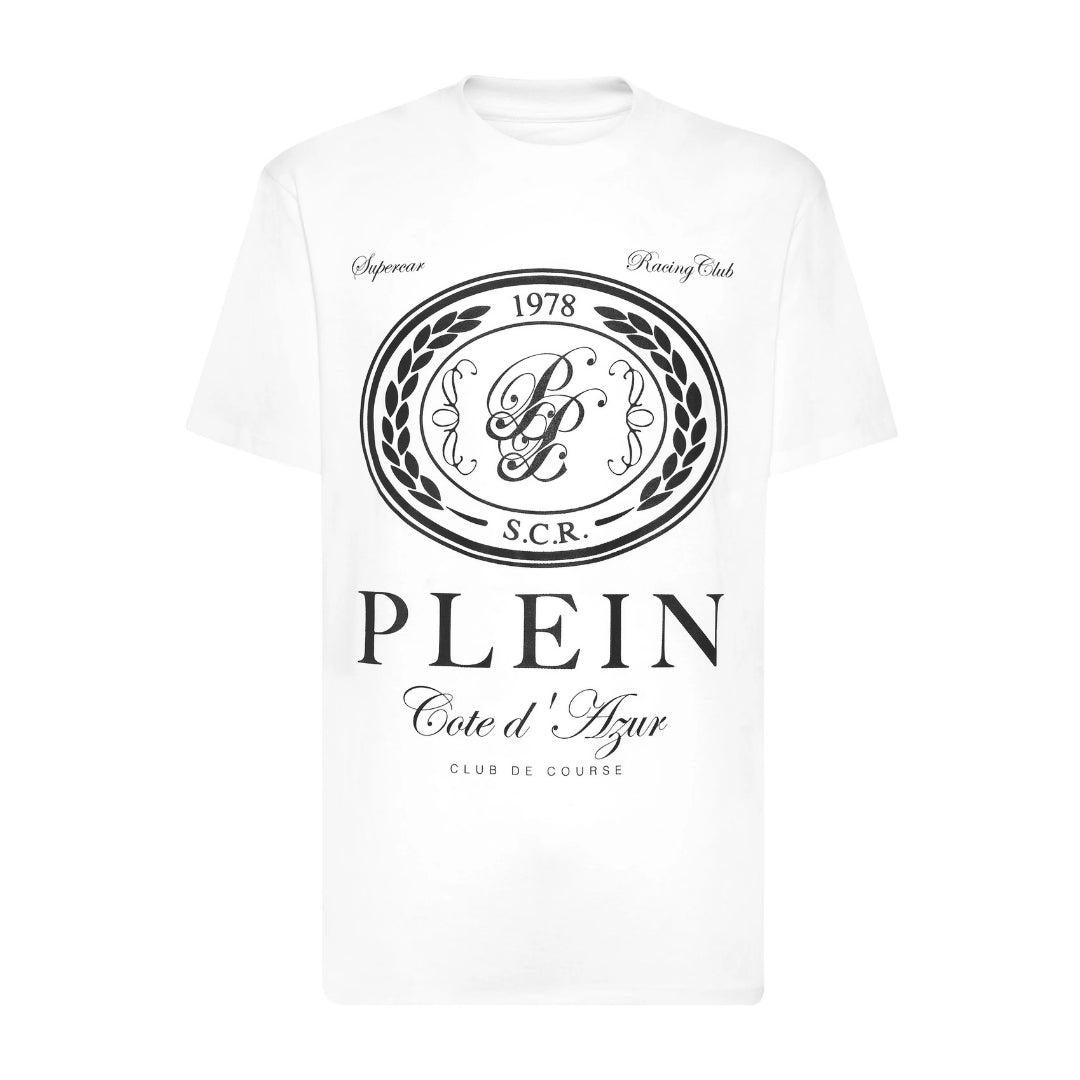 Philipp Plein white cotton jersey t-shirt with a round neck, short sleeves, "Club The Course" and crest pattern print on the front, and a logoed patch at the yoke, available at Lestyle Boutique 136 Little Collins St.