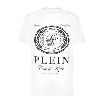 Philipp Plein white cotton jersey t-shirt with a round neck, short sleeves, "Club The Course" and crest pattern print on the front, and a logoed patch at the yoke, available at Lestyle Boutique 136 Little Collins St.