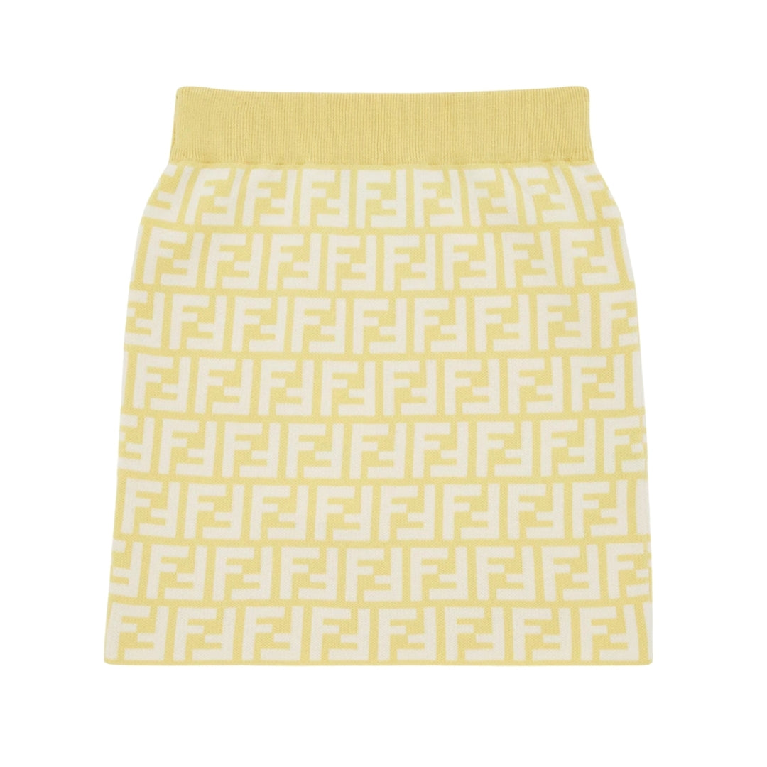 Fendi Kids junior yellow cotton jersey mini skirt featuring the all-over FF motif in yellow and white and ribbed trims, Made in Italy, available at Lestyle Boutique 136 Little Collins St.