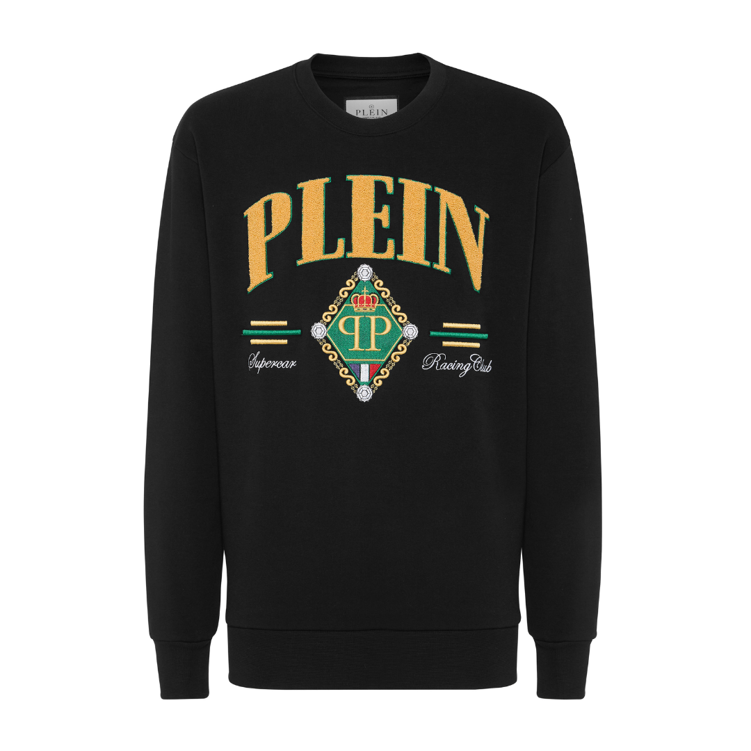 Plein black long sleeve Supercar sweatshirt in soft cotton blend fleece, featuring prominent front logo embroidery and a logoed label at the yoke, available at Lestyle Boutique 136 Little Collins St.