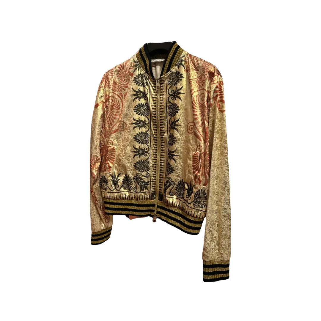 Versace bomber jacket crafted from viscose with a metallic gold baroque print. • Metallic gold baroque print fabric. • Zip front fastening. • Striped ribbed collar, cuffs and hem. • Color: Gold. • Material: Viscose. • Condition: Very good. • Physical authentication included. • From Italy (seller Valentina).