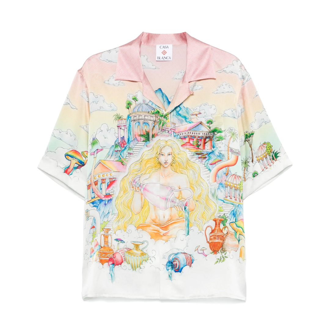 Casablanca silk shirt in light pink with “The Road To Knowledge” illustration print, concealed front button fastening and chest patch pocket, made in Italy, available at Lestyle Boutique 136 Little Collins St.
